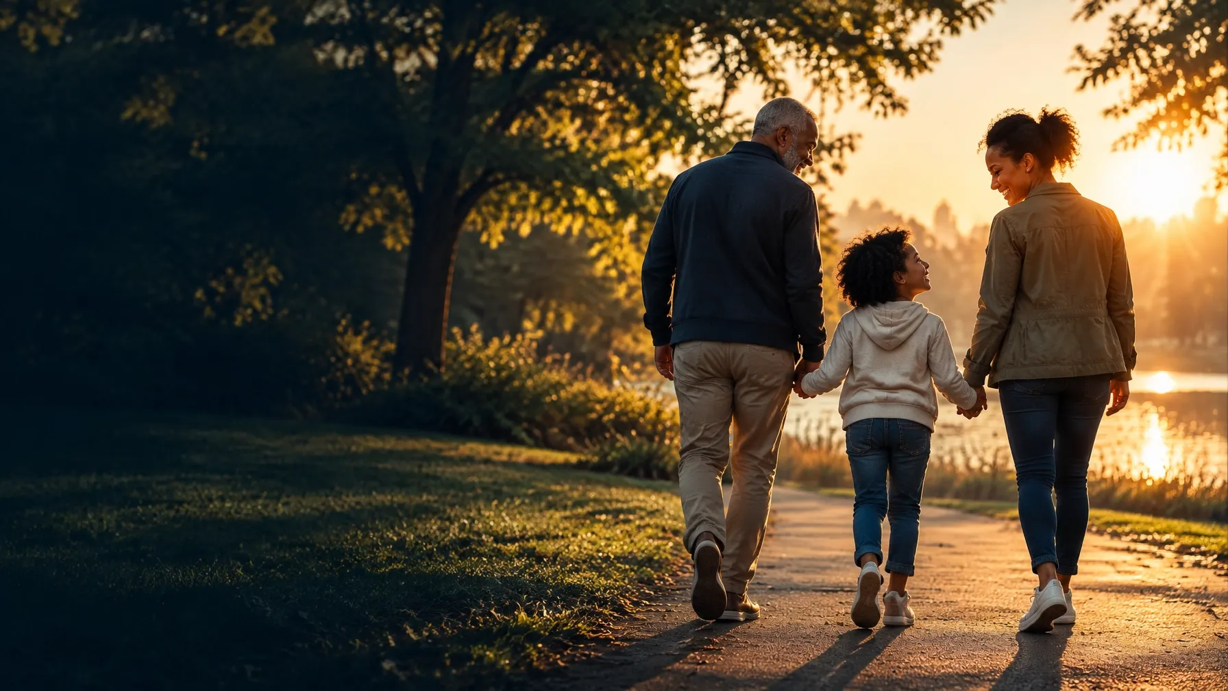 A family taking a quiet walk together at sunrise